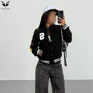 Veste universitaire noire pour femme, style Letterman, manches longues, avec patchs brodés sur la manche droite, coupe classique, pour l'automne, vêtements décontractés - Product Image 6