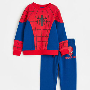 Ensemble de survêtement en coton imprimé Spider-Man pour adultes unisexe, sans manches, à capuche, bleu et rouge, pantalon long, logo, délavage acide, cordon de serrage - Product Image 1
