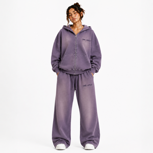 Conjunto Deportivo ONE APEX para Mujer, Sudadera con Capucha Oversize Lavada al Ácido con Cremallera Completa, Pantalones Anchos de Felpa Francesa Gruesa, Color Morado Ahumado, Estilo Urbano - Product Image 1