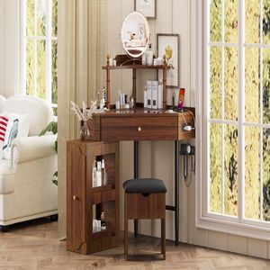 Corner <b>Makeup</b> <b>Vanity</b> Desk Set with Storage Cushioned Stool & Charging Station Triangle Removable Pull-out Side Cab - Product Image 3