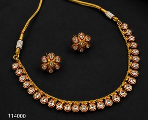 Indian Traditional Kundan Meenakari Copper Base Necklace <b>Set</b> Gold Plated Green Enamel Teardrop Choker with Floral Stud Earrings - Product Image 1