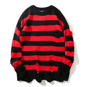 Pull en acrylique déchiré anti-rétrécissement pour homme, style mode, à rayures, avec logo frontal, col rond, vêtement d'extérieur - Product Image 6