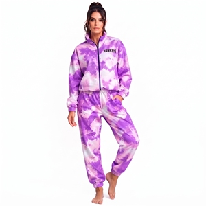 <b>Women</b> Purple <b>White</b> Tie Dye Zip Up <b>Tracksuit</b> Set Stand Collar Long Sleeve Jogger 2 Piece Casual Outfit - Product Image 5