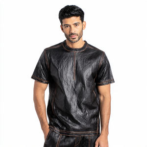 T-shirt pour homme en cuir PU noir à manches courtes, col rond, écologique, anti-UV, respirant, coupe classique - Product Image 6