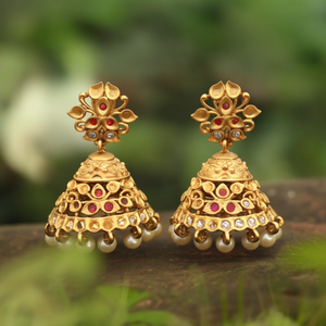 Fine Dangle Earrings Matte Small Jhumki Kamal with Pearls - Product Image 3