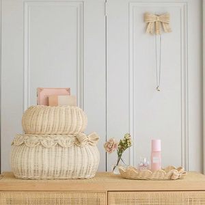 Handmade Scalloped Rattan Kid <b>Basket</b> with Bow Lid - Aesthetic Woven Toy <b>Storage</b> & Baby Keepsake Box - Product Image 2