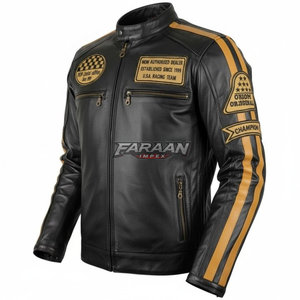 Black Tan Canvas Genuine Leather Motorcycle <b>Jacket</b> Retro Racing Stripe Design Cafe <b>Racer</b> Custom Patch Letter Riding Outerwear - Product Image 6