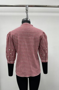 <b>Women's</b> <b>Red</b> Plaid Cotton Mandarin Collar Short <b>Shirt</b> with Embroidery Three Quarter Sleeve Casual Button Down Spring Summer Wear - Product Image 3