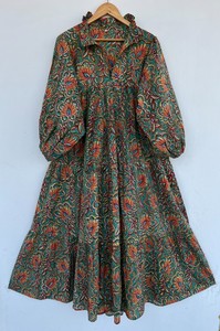 Vestido Maxi Holgado de Algodón 100% para Mujer, Manga Larga, Estilo Boho, Verde Floral, Vintage, para Verano, Resort, Fiesta en el Jardín - Product Image 1