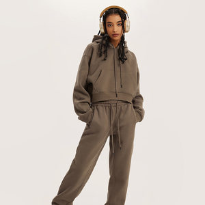 Conjunto Deportivo de Invierno para Mujer, Pantalones Deportivos de Algodón de Color Liso, Sudadera Corta con Capucha, 2 Piezas - Product Image 1