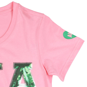 T-shirt à manches courtes en coton de qualité supérieure pour femmes, avec patch à paillettes roses, vêtements de sororité grecque, mode décontractée - Product Image 5