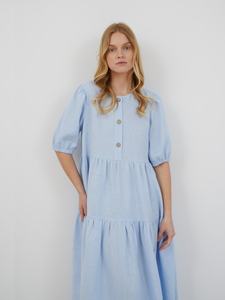 เดรสยาวสีฟ้าอ่อนสไตล์วินเทจผ้าฝ้ายสำหรับผู้หญิง แขนยาว คอวี ติดกระดุมด้านหน้า สวมใส่สบายๆ ในฤดูร้อน ทรงหลวม กระโปรงทรงเอไลน์แบบไล่ระดับ - Product Image 3