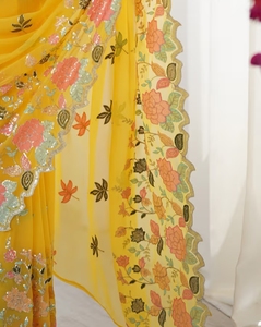 KV Women's Traditional Rayon Georgette Yellow Embellished Designer Wrinkle-Free Quick-Dry Autumn <b>Saree</b> Unstitched <b>Blouse</b> for - Product Image 5