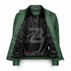 Zarina Wear Men <b>Genuine</b> Leather Jacket Forest Green Quilted Shoulder Biker Moto Stand Collar Zip Up OEM Men's Jackets - Product Image 3