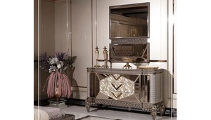 Luxury Modern Champagne Solid Teak Wood Bedroom Set King Size Bed with <b>Mirrored</b> Nightstands Grand Wardrobe and Dressing <b>Table</b> - Product Image 5