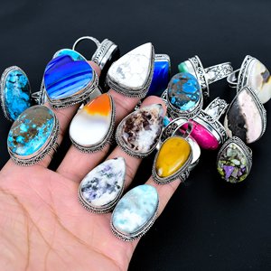 Handmade All Natural Cabochon Gemstone Cluster <b>Adjustable</b> <b>Ring</b> 925 Sterling Silver Plated Mix Shape Vintage Jewelry - Product Image 1