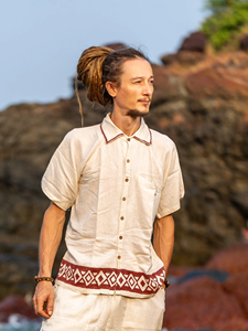 Men <b>Maroon</b> Khadi Cotton Short Kurta Shirt with Hand Block Printed Border Traditional Rajasthani Ethnic Fusion Wear <b>Top</b> - Product Image 1