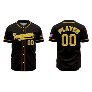 Maillot de baseball personnalisé pour homme, noir et jaune, nom de l'équipe, joueur 00, chemise uniforme respirante en polyester à manches courtes et boutons - Product Image 1