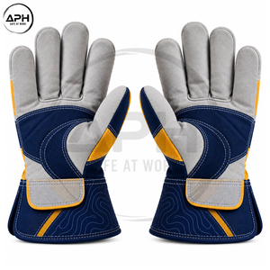 Gants de travail bleu marine et moutarde avec paume incurvée en tissu à motif profilé, doigts en daim gris et manchette longue - Product Image 5