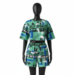 Ensemble Crop Top et Short pour Femmes en Polyester Spandex Extensible Lisse Vert Bleu Sublimation Intégrale Logo 100% Coton Crop Top & Short - Product Image 6
