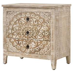 Luxury Handcrafted Solid Wood 3 Drawer Nightstand Ornate Mandala Jaali Carving Antique White Wash - Product Image 5