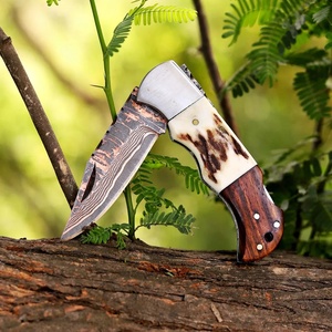 Cuchillo de Caza Plegable de Acero Inoxidable y Cobre Damasco con Mango de Cuerno de Ciervo y Funda de Cuero, Cuchillo para Exteriores 58HRC con Punta de Gota, ¡Gran Oferta! - Product Image 6