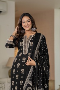 Latest Designer Black Straight Ethnic <b>Kurta</b> Pant Dupatta Set for <b>Women</b> | Traditional Indian Printed Suit - Product Image 4