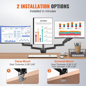 Support triple pour moniteur à ressort à gaz entièrement réglable, compatible avec les écrans de 13 à 27 pouces, capacité de 20 livres par bras pour montage triple moniteur - Product Image 6