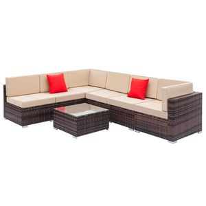 Set Divano 7 Pezzi in Rattan e Legno Teak Marrone con Cuscini Impermeabili, Telaio in Alluminio e Rattan PE per Esterni e Uso in Fattoria - Product Image 3