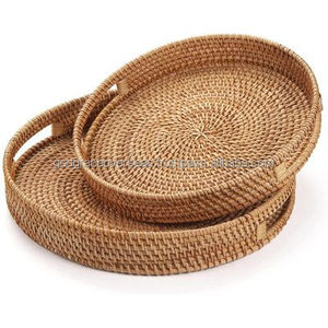 Luxury Modern Design Handcrafted Natural Rattan Serving <b>Tray</b> With MOP Inlay <b>Round</b> <b>Trays</b> For <b>Table</b> Decorative Wholesaler India - Product Image 6