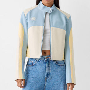 Women’s Cropped Motorcycle Bomber Jacket OEM Custom Genuine Leather & Satin PU with Embroidery and Printed Design - Product Image 3