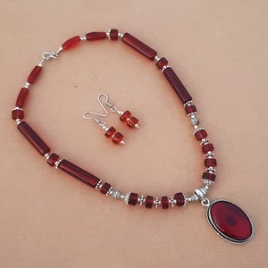 <b>Garnet</b> Necklace Earrings Set, <b>Garnet</b> Gemstone Handmade Necklace For Women, Wholesale Silver Overlay Jewelry - Product Image 3