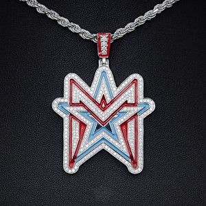 Pendentif étoile en émail rouge et bleu avec moissanite, en argent 925 plaqué rhodium, serti griffes, bijoux hip-hop unisexe - Product Image 2
