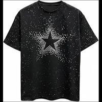 T-shirt Homme Noir Oversize Personnalisé de Qualité Supérieure avec Motif Étoile en Strass, Manches Courtes, Col Rond, Style Urbain, Coupe Jersey