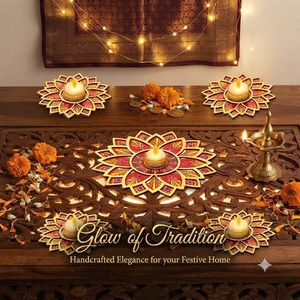 Ensemble de porte-diya en bois, design floral de lotus décoratif traditionnel, fait main, écologique, durable, pour Deepawali, Laxmi Pooja, mariage - Product Image 1