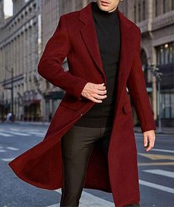 Manteau long élégant pour homme en mélange de laine, rouge uni, col à revers, manches longues, vêtement d'extérieur d'hiver, chaud et confortable, ouvert sur le devant - Product Image 6