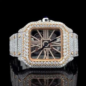 Montre-bracelet de luxe pour homme, cadran squelette carré, entièrement pavée de diamants, montre mécanique de mode en or rose avec lunette sertie de diamants - Product Image 1