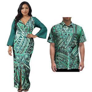 Hawaiian Vintage Style Slim Casual Maxi Dress and Men's Shirt Solid Natural Waist Woven Drop Shipping Low MOQ Couple Outfit - Product Image 5