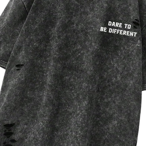 Camiseta Oversize de Algodón Desgastado para Hombre, Estilo Urbano, Manga Corta, Cuello Redondo, Estampado de Letras, Negro Lavado, Largo - Product Image 2