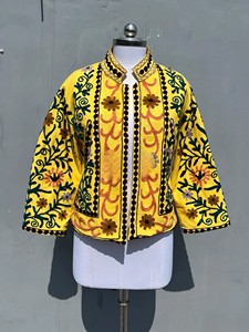 Yellow Embroidered Cotton Jacket for Women Handcrafted Ethnic Floral Thread Work <b>Cardigan</b> Open Front Boho <b>Summer</b> Coat - Product Image 2