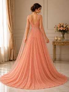 Peach Pearl Beaded Evening Gown for Women Elegant V Neck A Line Floor Length Formal Prom <b>Dress</b> <b>with</b> <b>Cape</b> Sleeves <b>Wedding</b> Gown - Product Image 3