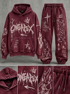Men's Oversized Burgundy Acid Wash Hoodie Tracksuit <b>Sets</b> Heavyweight Streetwear Cotton <b>Jogger</b> <b>Matching</b> Sweat Suit Custom Apparel - Product Image 5