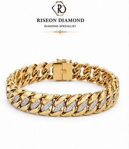 Bracelet gourmette en or jaune 18 carats avec accent diamant central, finition polie, chaîne épaisse et audacieuse, bijoux de luxe pour homme style hip-hop - Product Image 1
