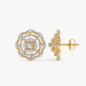 Boucles d'oreilles clous en or jaune avec diamants de laboratoire superposés en forme de cercle floral - Product Image 1