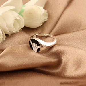 Brass Hand Gesture Signet <b>Ring</b> One Micron Plated Black Enamel 18k Silver Plated Traditional Fancy Women's <b>Adjustable</b> Statement - Product Image 3