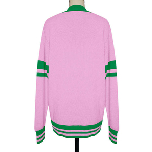 Women's Pink Green Striped V-Neck Cardigan Full Sleeve Preppy Style Knitted Open Front With Pockets Autumn Winter Wear - Product Image 2