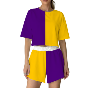 Summer New Regular Casual Women's Two-Piece Game Day Sets Patchwork Pattern 100% Cotton Eco-Friendly Breathable <b>Tops</b> Short Set - Product Image 4