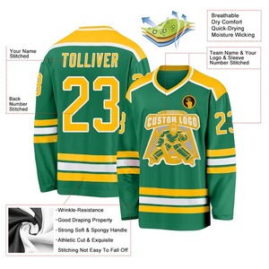 Maillot de hockey personnalisé vert Kelly, or et blanc – Uniformes d'équipe sublimés – Maillot de hockey sur glace respirant en maille pour l'entraînement sportif - Product Image 5