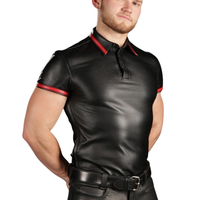 Camisa de Franela Negra de Manga Corta para Hombre, Estilo Motero, Cuello Alto, Formal, Verano, Color Sólido con Ribete Rojo y Cinturón en la Espalda