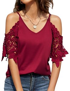 Womens off shoulder summer cotton blouse 2026 <b>heart</b> print floral applique lace trim <b>sweet</b> breathable casual long t shirt - Product Image 1